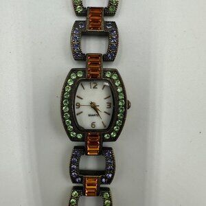 LA Vintage Watch Women Multicolor Rhinestone Bracelet Face Quartz Antique Bronze